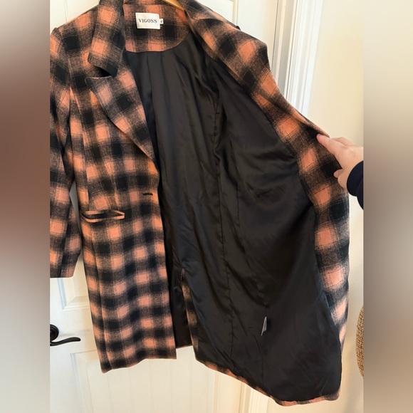 Anthropologie Belle Plaid Coat by Vigoss Checkered  Black & Pink Single Breasted - Picture 11 of 12